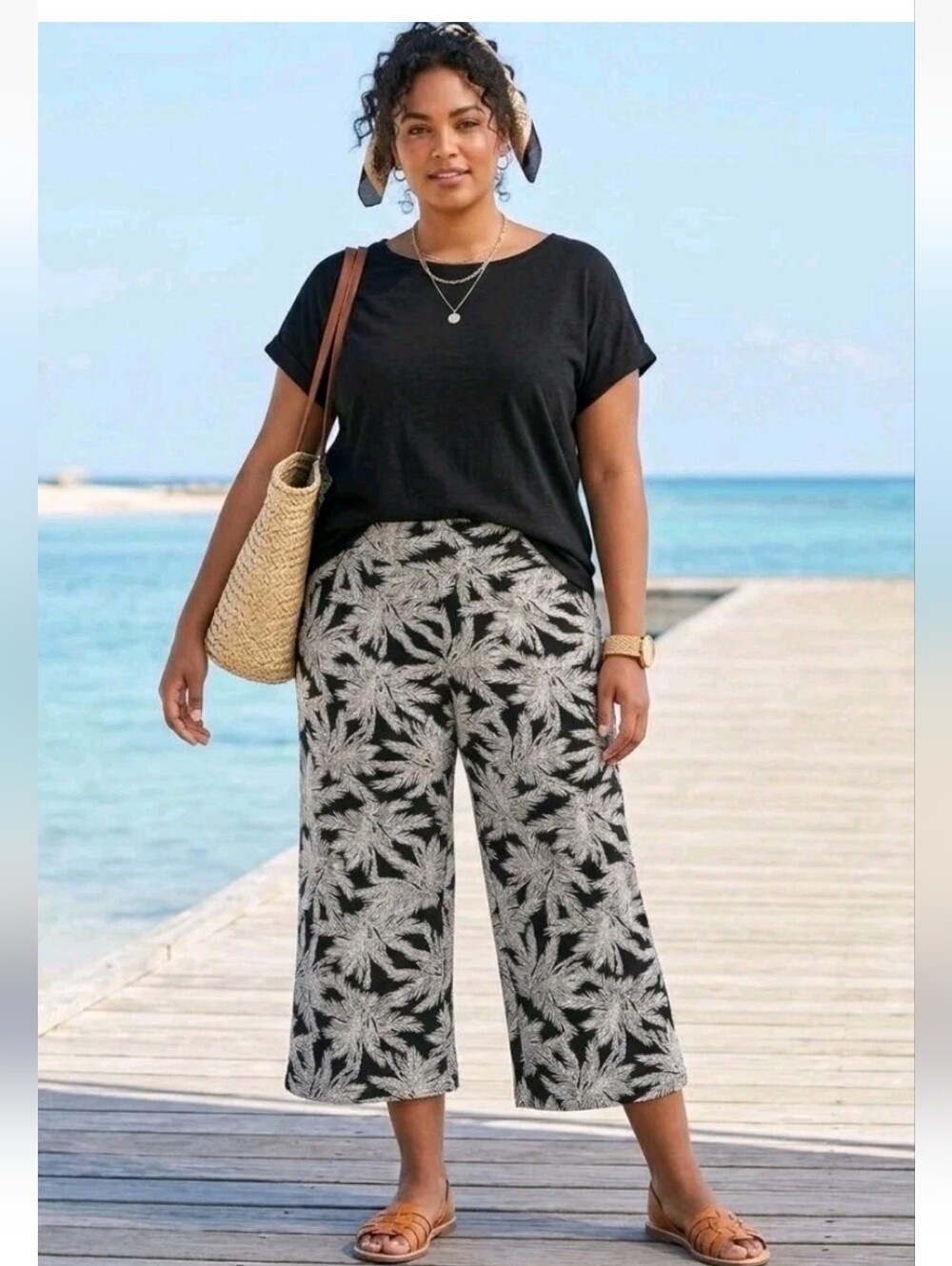 J. Jill Wearever Full Leg Smooth Fit Cropped Pants Black Tropical Palm Print 4X